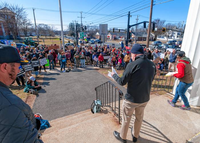 U.S. Rep. Jim McGovern speaks during an “Attack on Small Farms” rally Sunday in front of Hadley Town Hall. Some 300 farmers from throughout the region were protesting proposed cuts and funding freezes involving the U.S. Department of Agriculture.
