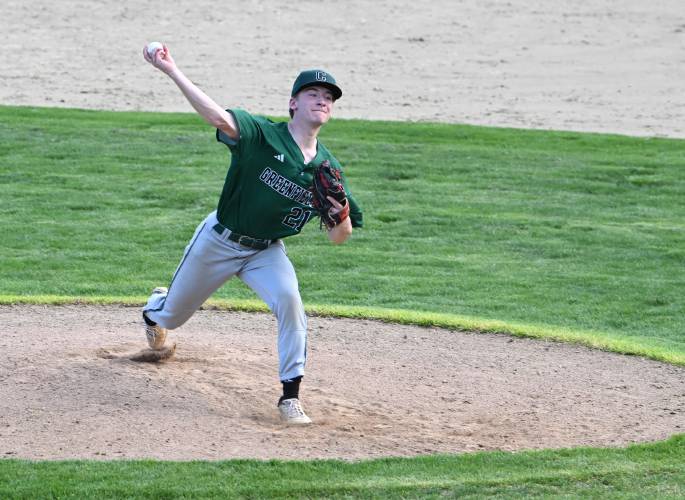 Greenfield’s Logan Moore pitches against Frontier at Veterans Field in Greenfield on Thursday. 