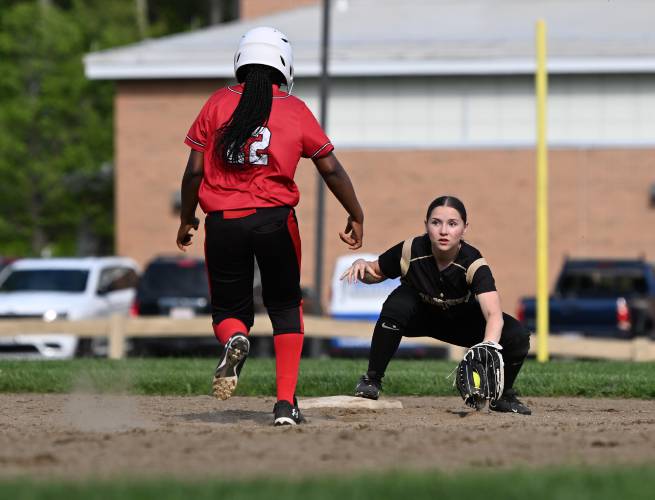 Pioneer’s Laylah Goulston tags second as Athol’s Serena Nkengafe is forced out in Northfield on Tuesday. 