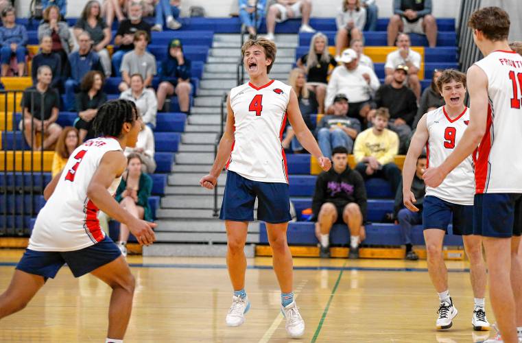 Frontier players celebrate after defeating Southwick 3-1 to win the Western Massachusetts Class C boys volleyball championship at Chicopee Comp last spring. 
