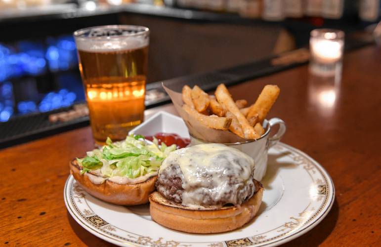 The Peacock Burger and fries at Le Peacock restaurant in Shelburne Falls.