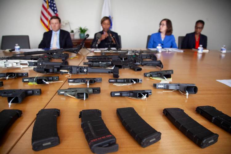 Ghost guns and ghost gun parts are displayed on a table in Massachusetts Attorney General Andrea Campbell’s office at a press event she hosted on July 11, 2023. Ghost guns and ghost gun parts are displayed on a table in Massachusetts Attorney General Andrea Campbell’s office at a press event she hosted on July 11, 2023.