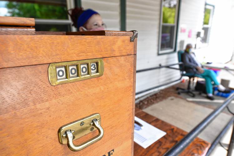 The Hawley ballot box, pictured during the 2020 town election. This year, polls will be open on Monday, May 5, from 11:45 a.m. to 7 p.m. at the Town Office at 8 Pudding Hollow Road.
