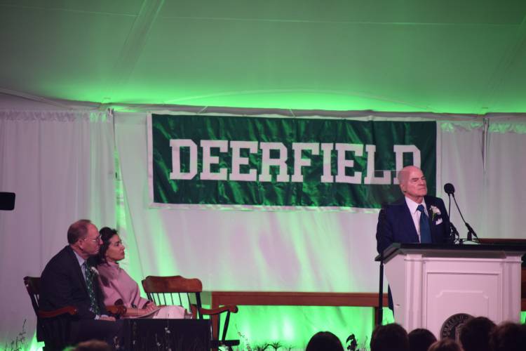 Henry R. Kravis, co-founder and co-executive chairman of a leading global investment firm, Kohlberg Kravis Roberts & Co., speaks at Deerfield Academy’s commencement ceremony on Sunday.