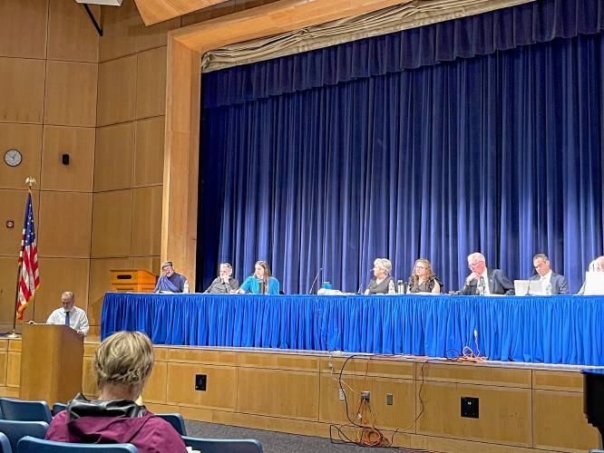 Gill-Montague Regional School District Superintendent Brian Beck details the school budget for fiscal year 2025 during Montague’s Annual Town Meeting at Turners Falls High School on Saturday. Gill-Montague Regional School District Superintendent Brian Beck details the school budget for fiscal year 2025 during Montague’s Annual Town Meeting at Turners Falls High School on Saturday.
