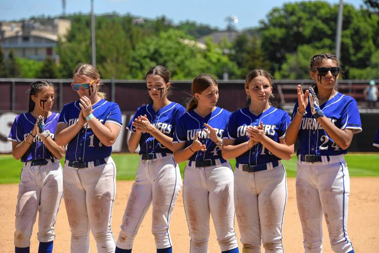 Turners Falls players are introduced prior to the team’s 5-0 win over Georgetown in the MIAA Division 5 championship game on Saturday at Sortino Field on the campus of UMass.