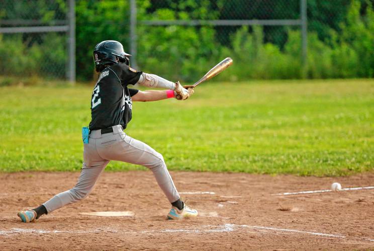 Greenfield Post 81 batter Sam Connors (2) hits against Belchertown Post 239 in the top of the second inning Wednesday in Belchertown.