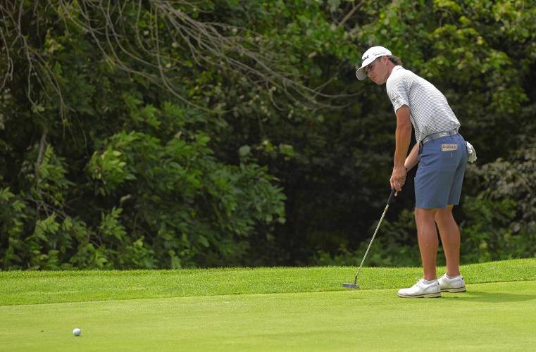 Dedham’s Joey Lenane putts on the ninth hole at Ledges Golf Club in South Hadley during the 43rd Massachusetts Amateur Public Links Golf Championship on Wednesday.