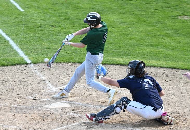 Greenfield’s Conner Bergeron makes contact against Frontier at Veterans Field in Greenfield on Thursday. 