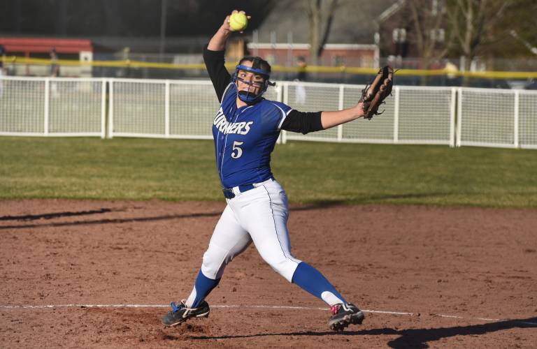 Turners Falls’ Madi Liimatainen throws a pitch against Frontier during action earlier this season in South Deerfield.