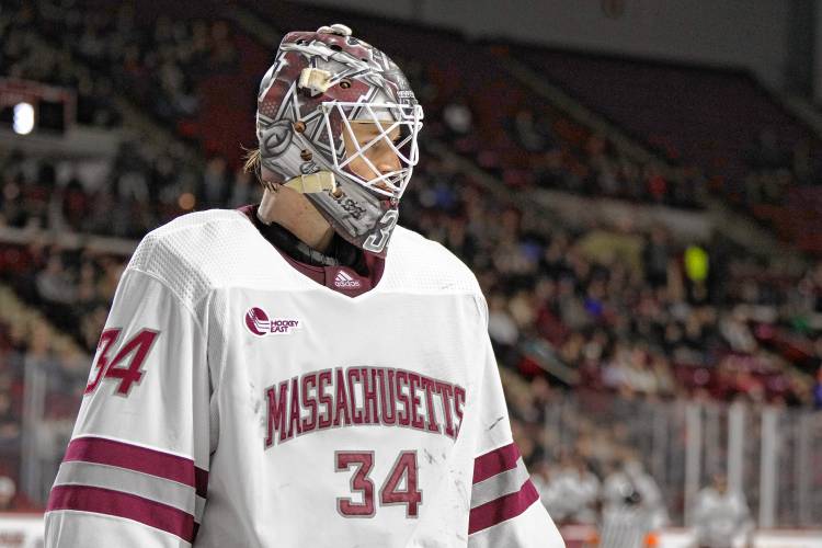 UMass goalie Michael Hrabal returned to the lineup last weekend after competing for Czechia in the World Junior Championships in Sweden.