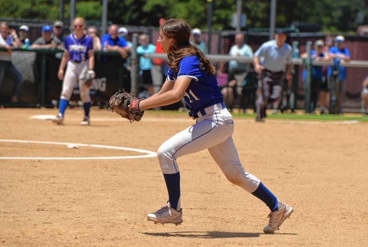 Turners Falls first baseman Anne Kolodziej wins the race to the bag for an out during the Thunder’s 5-0 win over Georgetown in the MIAA Division 5 championship game on Saturday at Sortino Field on the campus of UMass.