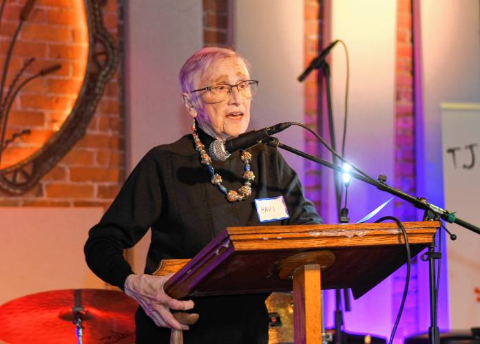 Turners Falls resident Havi Stander, 94, talks about how Franklin County’s YMCA has kept her healthy and happy during the Y’s fundraising campaign kickoff at Hawks & Reed Performing Arts Center on Thursday.