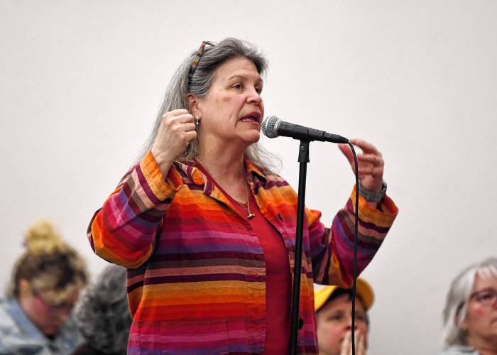Rebecca Todd, executive director of the Connecticut River Conservancy, asks U.S. Rep. Jim McGovern about federal funding during a March 18 town hall event at Greenfield Middle School. Rebecca Todd, executive director of the Connecticut River Conservancy, asks U.S. Rep. Jim McGovern about federal funding during a March 18 town hall event at Greenfield Middle School.