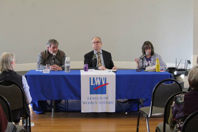 Deerfield Selectboard candidates David Wolfram and Tim Hilchey met at the Deerfield Community Center Wednesday evening for a candidate forum hosted by the League of Women Voters of Franklin County, which was moderated by Marie Gauthier.