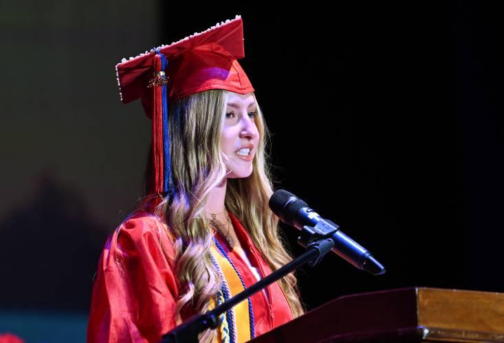 Shea Woods speaks at commencement exercises at Ralph C. Mahar Regional School Friday evening.