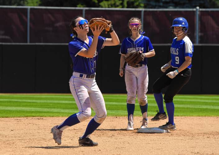 Turners Falls shortstop Mia Marigliano makes a catch during the Thunder’s 5-0 win over Georgetown in the MIAA Division 5 championship game on Saturday at Sortino Field on the campus of UMass.