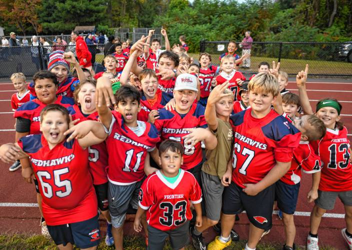 The Frontier Youth Football Redhawks at the Frontier vs.  Franklin Tech game on Friday night in South Deerfield. 