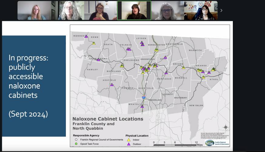 Franklin Regional Council of Governments Health Educator and Epidemiologist Maureen O’Reilly highlighted the locations of naloxone boxes throughout Franklin County and the North Quabbin region during a virtual discussion on Thursday.