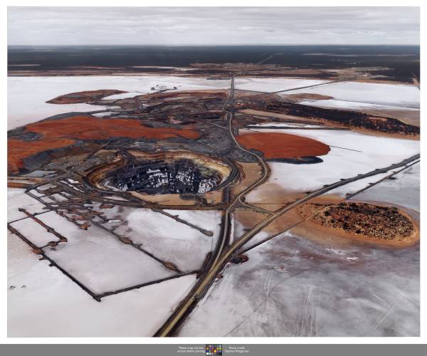 “Silver Lake Operations #2, Lake Lefroy, Western Australia” by Edward Burtynsky, part of the “(Off)Balance: Art in the Age of Human Impact” exhibition.