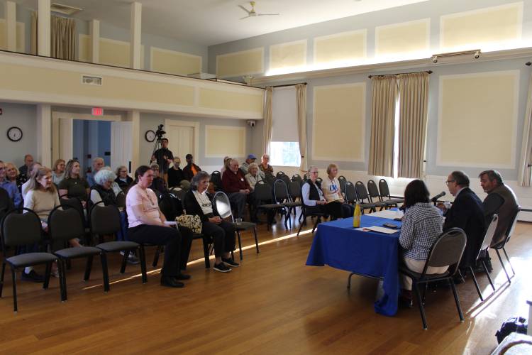 Residents joined Deerfield Selectboard candidates Tim Hilchey and David Wolfram Wednesday evening for a candidates forum hosted by the League of Women Voters of Franklin County.