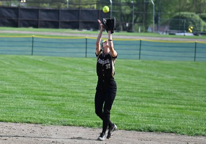 Pioneer’s Allie Clary corrals a pop fly against Athol in Northfield on Tuesday. 