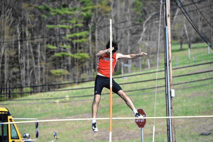 Frontier’s Adrien Pazmandy competes in the pole vault during a meet against Mohawk Trail in Buckland on Monday. 