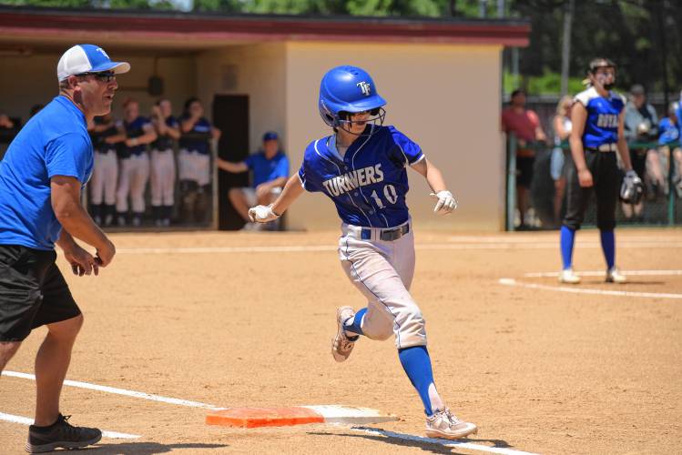 Turners Falls’ Addison Talbot cruises through first base after recording a hit during the Thunder’s 5-0 win over Georgetown in the MIAA Division 5 championship game on Saturday at Sortino Field on the campus of UMass.