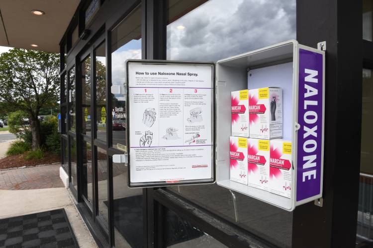 Naloxone opioid overdose reversal kits, located next to the emergency entrance to Baystate Franklin Medical Center in Greenfield.