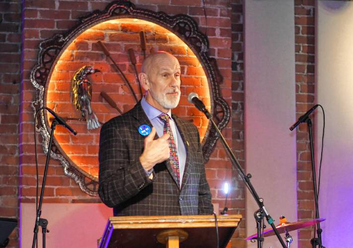 Franklin County’s YMCA CEO Grady Vigneau speaks during the Y’s fundraising campaign kickoff at Hawks & Reed Performing Arts Center in Greenfield on Thursday.
