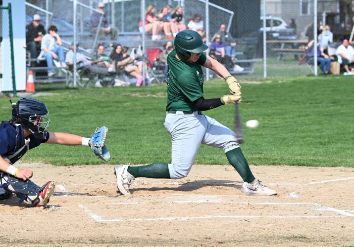 Greenfield’s Luca Siano makes contact against Frontier at Veterans Field in Greenfield on Thursday. 