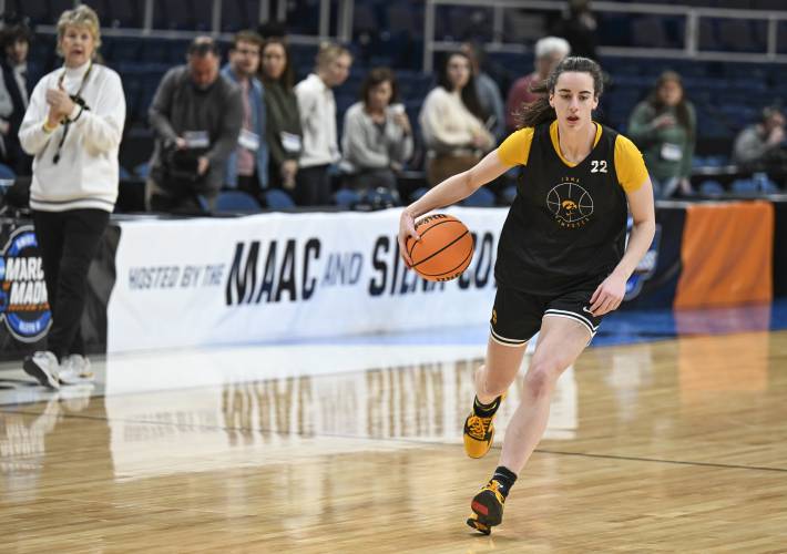 Iowa's Caitlin Clark (22) is seen during a morning practice session at a college basketball NCAA Tournament in Albany, N.Y. Friday, March 29, 2024. Iowa plays Colorado in a Sweet 16 game on Saturday. (AP Photo/Hans Pennink)