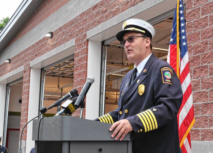 Greenfield Fire Chief Robert Strahan speaks at the grand opening of the new Greenfield Fire Station on Monday morning in Greenfield.