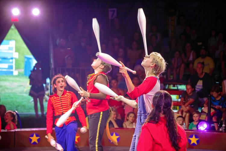 Gill resident Oscar Gradick, 12, second from the right, will perform with the touring youth circus troupe Circus Smirkus at the Franklin County Fairgrounds.