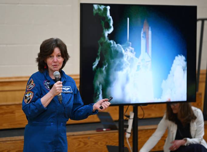 Cady Coleman of Shelburne, a former NASA astronaut, talks at a ceremony highlighting the school’s efforts to bring a Moon Tree to the school. Moon Trees are from seeds flown in space.
