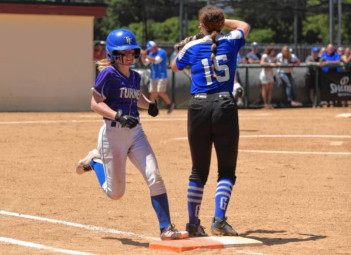 Turners Falls’ Madisyn Dietz beats out a bunt for a hit during the Thunder’s 5-0 win over Georgetown in the MIAA Division 5 championship game on Saturday at Sortino Field on the campus of UMass.