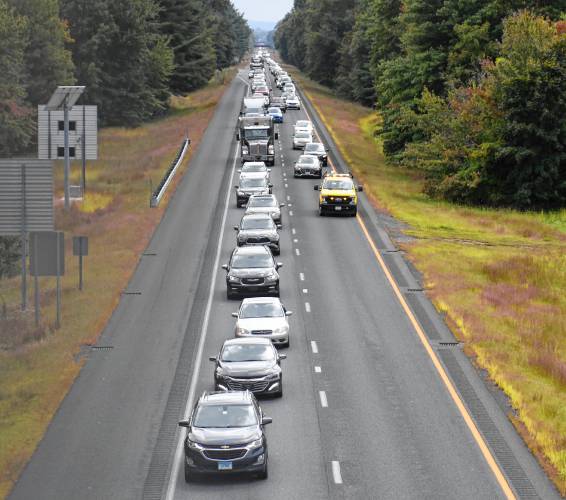Interstate 91 northbound was backed up and reduced to one lane in Whately near the Hatfield line on Friday following a multi-vehicle crash.