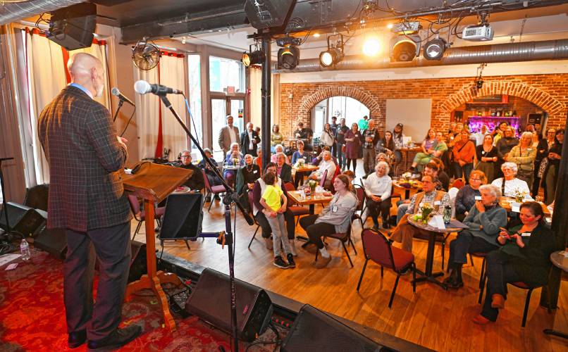 Franklin County’s YMCA CEO Grady Vigneau speaks during the Y’s fundraising campaign kickoff at Hawks & Reed Performing Arts Center in Greenfield on Thursday.