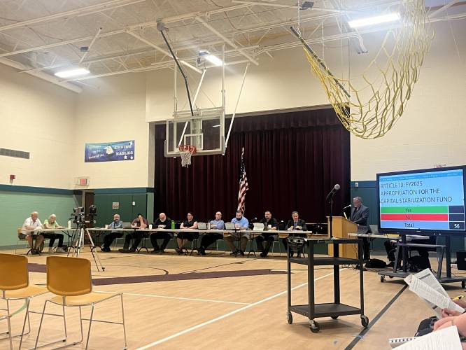 Erving town officials lead Annual Town Meeting on Wednesday at Erving Elementary School.
