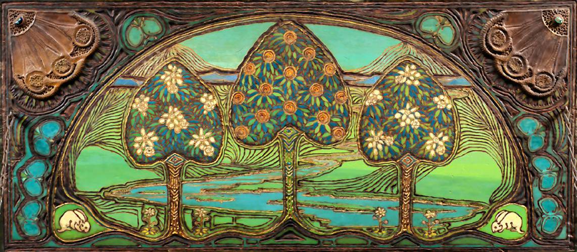 This “Garden of Hearts” oak bride’s chest created by Madeline Yale Wynne is on display at Historic Deerfield. The inside lid is pictured.