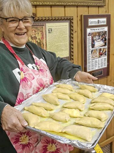 St. Hyacinth Pierogi Maker Denise Hitchcock displays a tray of pierogies that will be available at Our Lady of Czestochowa Church’s Easter Bazaar in Turners Falls on Saturday, March 23. St. Hyacinth Pierogi Maker Denise Hitchcock displays a tray of pierogies that will be available at Our Lady of Czestochowa Church’s Easter Bazaar in Turners Falls on Saturday, March 23.