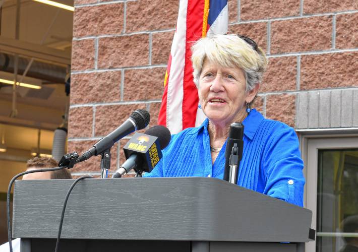 Greenfield Mayor Ginny Desorgher speaks at the grand opening of the new Greenfield Fire Station on Monday morning in Greenfield.