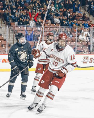 UMass’ Dans Locmelis (10) celebrates a goal against Army last week at the Mullins Center. UMass’ Dans Locmelis (10) celebrates a goal against Army last week at the Mullins Center.
