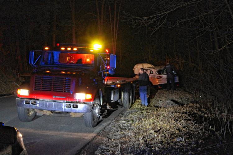 Koch’s Automotive pulled a vehicle out of the Hinsdale Brook along Brook Road in Shelburne Thursday night following a crash. Police say the driver was uninjured. Koch’s Automotive pulled a vehicle out of the Hinsdale Brook along Brook Road in Shelburne Thursday night following a crash. Police say the driver was uninjured.