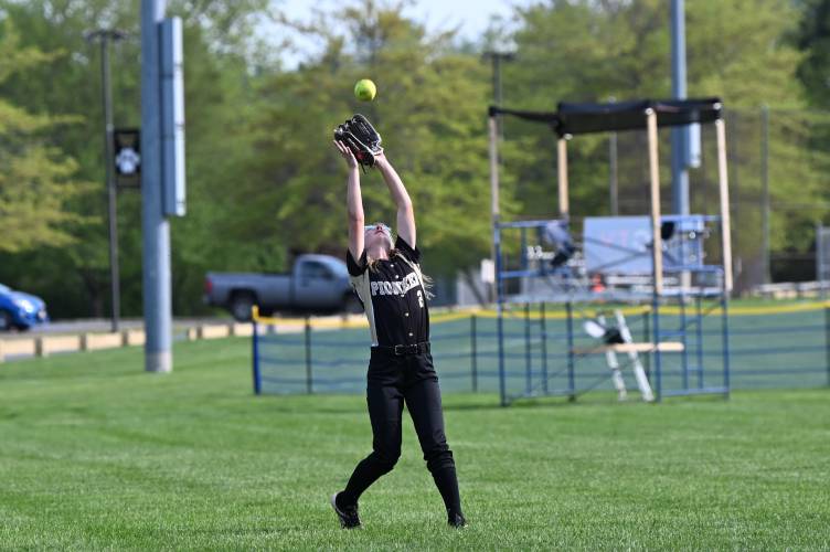 Pioneer’s Amy Van Doren makes the catch in center field against Athol in Northfield on Tuesday. 